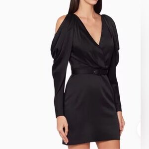 Jonathan Simkhai Pleated Cold Shoulder Satin Mini Dress Size 4 Black LBD Chic
